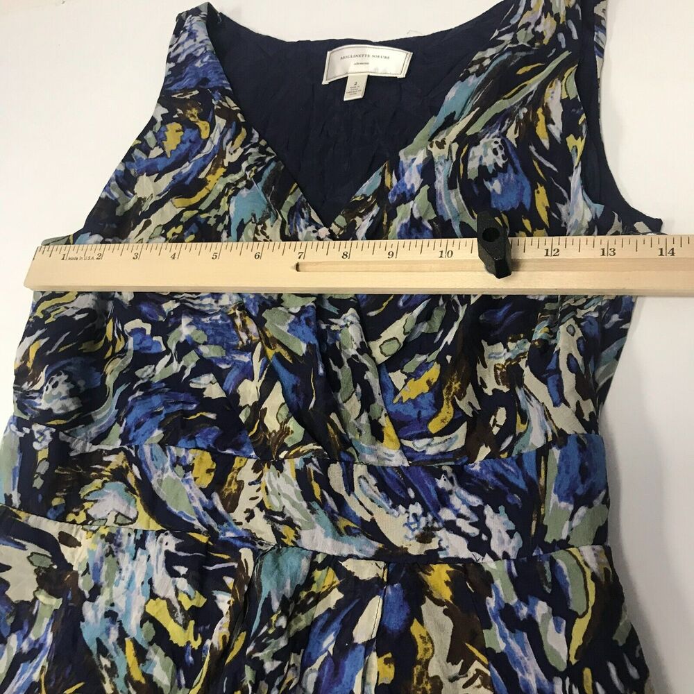 Anthropologie Moulinette Soeurs Oak Apple Dress Womens 2 Blue Yellow Silk Sheath - Picture 7 of 10